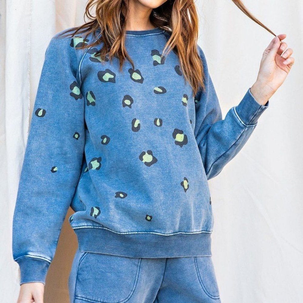 Woman’s Long Sleeve Leopard Print Washed Terry  Dusty Teal Sweatshirt NWT